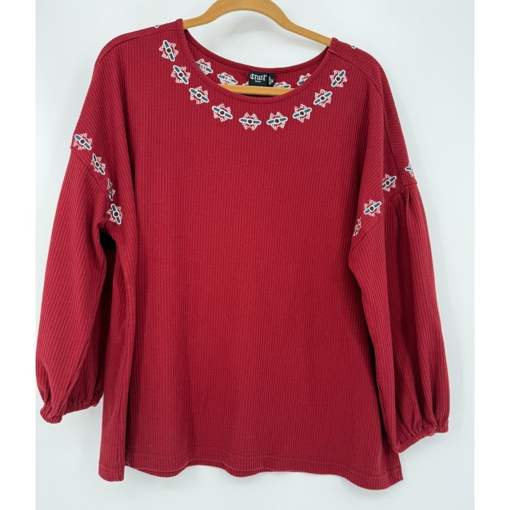 Cruel Denim Red Waffle Knit Embroidered Western Boho Top Women's XXL Balloon